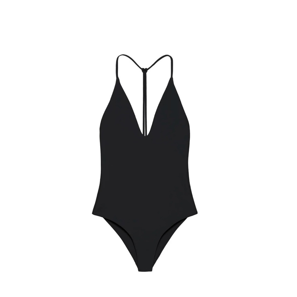 Black one piece swimsuit.  Cheeky bottom.